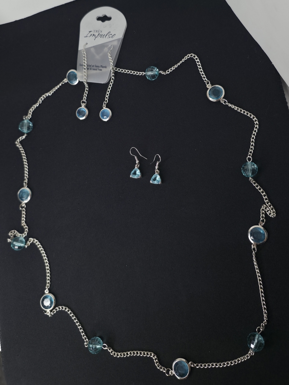 Vintage Sapphire Blue Faceted Station Necklace Matching Earrings Set 3pc